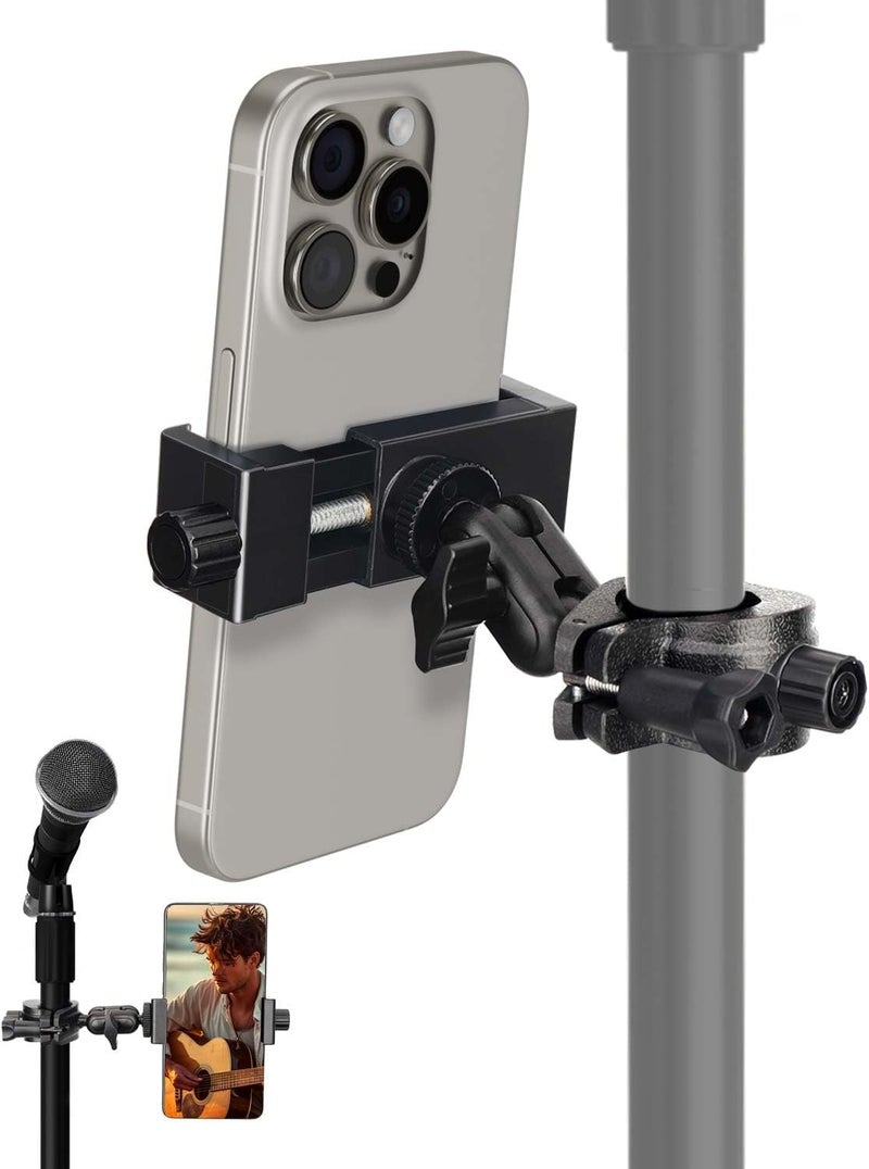 Sunmig Mic Stand Phone Holder, Phone Holder Mount for Microphone Stand, Music Stand, Guitar Drums, Phone Clamp for iPhone 15 14 13 12 11 Plus Pro Max Mini Samsung Galaxy S24 S23 Ultra Google Pixel 8 7 - Image 1